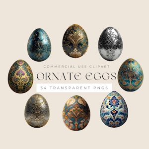 Może przedstawiać: Osiem ozdobnych jaj wielkanocnych z misternymi wzorami w odcieniach niebieskiego, złotego i srebrnego. Widoczny jest również tekst "ORNATE EGGS" i "34 TRANSPARENT PNGS".