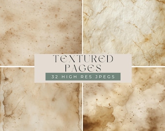 May include: Four square images of textured paper with a vintage aesthetic. The paper has a mottled appearance with brown and beige tones, and some pages show signs of wear. The text "TEXTURED PAGES" and "32 HIGH RES JPEGS" are displayed.