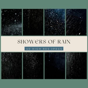Peut inclure: Collection d'art numérique "Showers of Rain" avec 40 fichiers JPEGs haute résolution. L'image présente des panneaux sombres représentant la pluie, avec des gouttelettes et des stries sur fond noir. Le texte est en police serif.