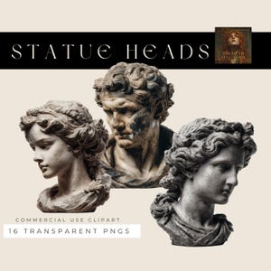 Puede incluir: Se muestran tres cabezas de estatuas clásicas en tonos grises y beige. La imagen incluye el texto "STATUE HEADS" en una pancarta negra, y "COMMERCIAL USE CLIPART" y "16 TRANSPARENT PNGS" en la parte inferior.