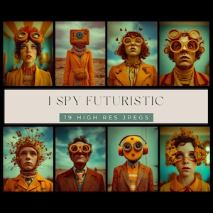 May include: A digital collection titled I SPY FUTURISTIC containing 19 high resolution JPEGs. The images feature various individuals wearing orange-toned clothing, oversized goggles, floral headpieces, and robotic or television-shaped headgear.