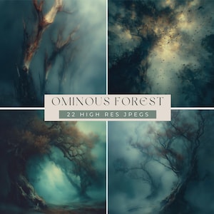 Può includere: Una collezione di quattro stampe d'arte digitale raffiguranti una scena di foresta oscura e minacciosa. Le immagini mostrano alberi nodosi, nebbia atmosferica e una tavolozza di colori cupi di blu, verdi e marroni. Il testo recita "Ominous Forest" e "22 High Res JPEGs".