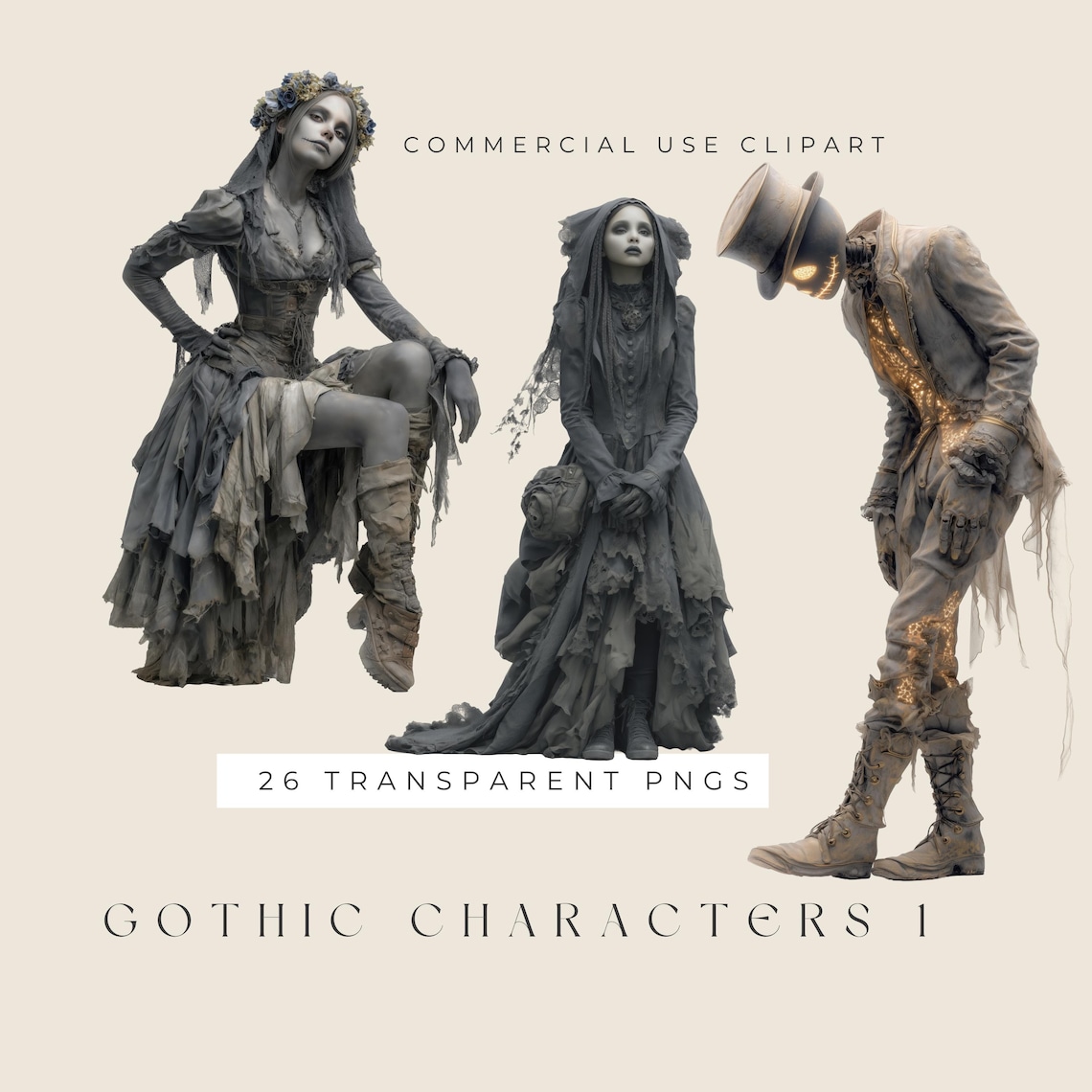 Gothic Characters Set 1 | Victorian Ghost Clipart | Dark Aesthetic Pngs ...