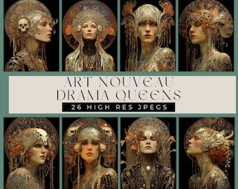 Reinas del drama Art Nouveau: 26 retratos de diosas ornamentados / Para composiciones artísticas digitales, revistas basura y álbumes de recortes