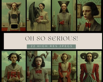 May include: A collage of eight images featuring a person in various costumes and settings. The images have a vintage, gothic aesthetic. The text "OH SO SERIOUS!" and "22 HIGH RES JPEGS" are displayed on a banner.