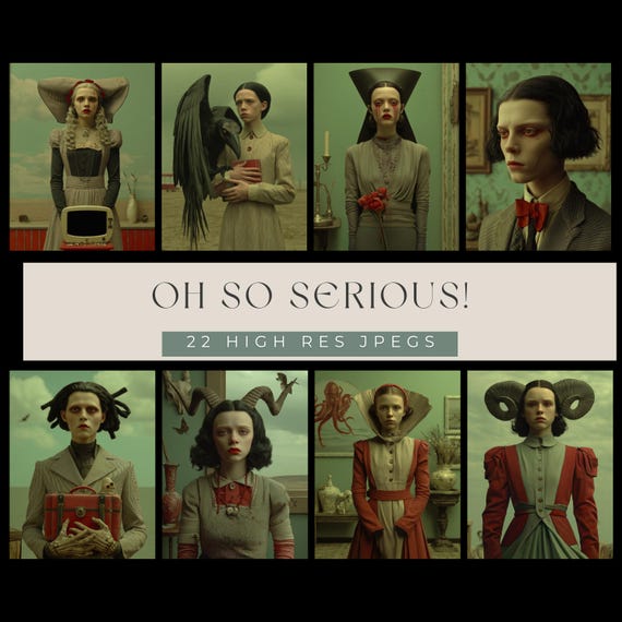 Oh So Serious! – Surreal Portraits | 22 High-Res JPEGs | Dark Whimsical Clipart, Oddities Aesthetic, Gothic Art Papers