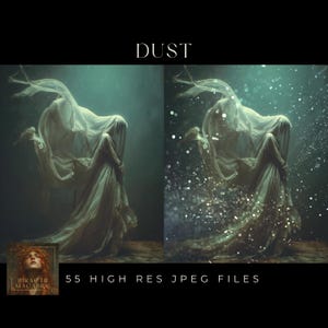 May include: Digital art print featuring two figures draped in flowing white fabric, set against a dark teal background. The word "DUST" is at the top. The image includes the text "55 HIGH RES JPEG FILES".
