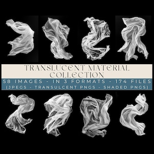 May include: A collection of eight images featuring flowing, translucent fabric against a black background. The fabric appears to be white or off-white, with soft shadows and highlights. Text at the bottom reads "TRANSLUCENT MATERIAL COLLECTION" and details about the images.