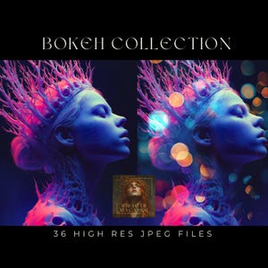 May include: Digital art print featuring two side profiles of a person with blue skin and a crown of pink branches. The image is labeled "BOKEH COLLECTION" and "36 HIGH RES JPEG FILES."