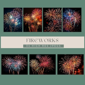 May include: A collection of fireworks images in various colors, including red, blue, yellow, and green, against a black background. The word "FIREWORKS" is displayed in a cream-colored rectangle, along with the text "34 HIGH RES JPEGS".