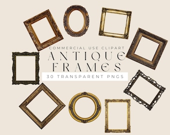 Antique Frames Clipart Bundle – 30 Transparent PNGs | Vintage Gold Picture Frames | Commercial Use Digital Download