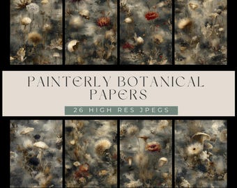 Painterly Botanical Papers – Moody Vintage Floral Backgrounds, Dark Botanical Scrapbook Pages, Printable Nature Ephemera, Junk Journal