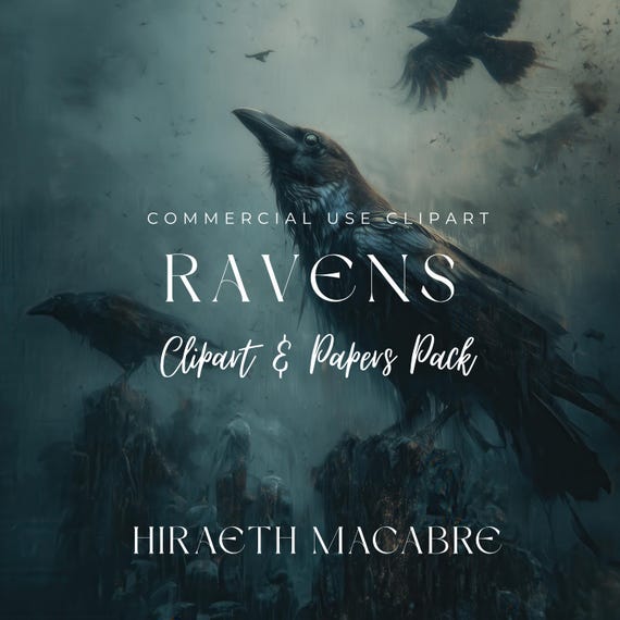 Ravens Clipart & Digital Papers Pack | Gothic Ravens | Transparent PNGs and High-Res JPEGs for Scrapbooking, Junk Journals, Digital Art
