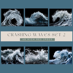 Könnte beinhalten: Sechs Bilder mit brechenden Wellen vor schwarzem Hintergrund. Die Wellen sind in Weiß- und Blautönen dargestellt, mit dynamischer Bewegung und Detail. Der Text "CRASHING WAVES SET 2" und "48 HIGH RES JPEGS" ist zu sehen.