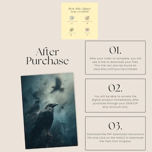 Peut inclure: Impression num&eacute;rique d'art repr&eacute;sentant une sc&egrave;ne sombre et atmosph&eacute;rique avec des corbeaux en vol. L'image a une esth&eacute;tique sombre et vintage. Le texte comprend "After Purchase" et des instructions de t&eacute;l&eacute;chargement.