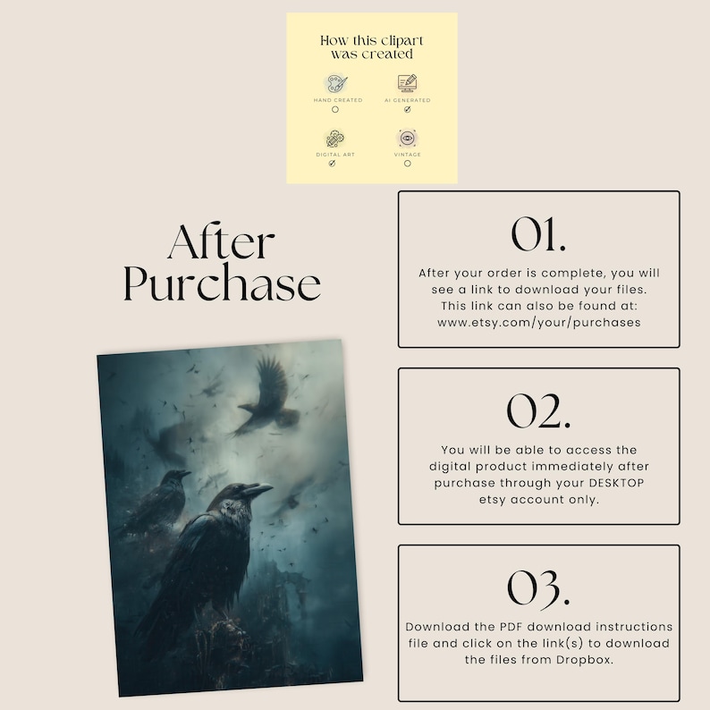 Peut inclure: Impression num&eacute;rique d'art repr&eacute;sentant une sc&egrave;ne sombre et atmosph&eacute;rique avec des corbeaux en vol. L'image a une esth&eacute;tique sombre et vintage. Le texte comprend "After Purchase" et des instructions de t&eacute;l&eacute;chargement.