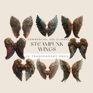以下が含まれることがあります： 様々なデザインと色のスチームパンク風の羽のコレクション。羽は、複雑な機械的ディテール、歯車、金属的な質感を示しています。「STEAMPUNK WINGS」と「20 TRANSPARENT PNGS」の文字も表示されています。