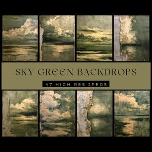 May include: A collection of sky green backdrops. The image features nine panels with painted scenes of clouds, water, and sky in shades of green, white, and gray. The text "SKY GREEN BACKDROPS" and "47 HIGH RES JPEGS" are displayed on a banner.