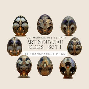Può includere: Una collezione di otto uova in stile Art Nouveau con disegni intricati. Le uova presentano dettagli dorati, argentati e iridescenti, con motivi floreali e geometrici. Il testo recita "ART NOUVEAU EGGS - SET 1".