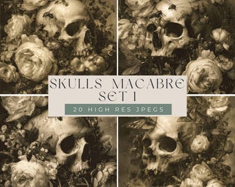 Macabre Skull & Flowers Digital Paper Set 1 • Gothic Scrapbooking Paper • Dark Vintage Ephemera Download