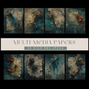 May include: A collection of eight digital art pieces with a vintage aesthetic. Each piece features torn paper textures, floral accents, and a teal and gold color palette. The text "MULTI-MEDIA PAPERS" and "20 HIGH RES JPEGS" are displayed.