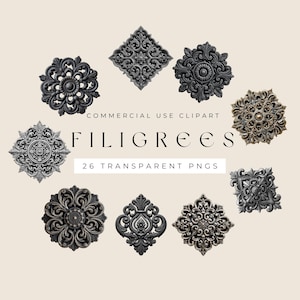 May include: A collection of ornate filigree designs in various shapes, including round, square, and diamond. The filigrees are in shades of gray and bronze, with intricate patterns. Text reads "COMMERCIAL USE CLIPART", "FILIGREES", and "26 TRANSPARENT PNGS".
