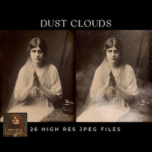 May include: Sepia-toned image featuring a woman in a white dress with hands clasped in prayer. The text "DUST CLOUDS" is at the top, and "26 HIGH RES JPEG FILES" is at the bottom. A small image with text is in the lower left.