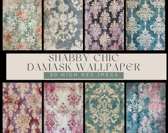 Shabby Chic Damask Wallpaper | Vintage Distressed Damask Backgrounds | Cottagecore Digital Paper | 30 High-Res JPEGs