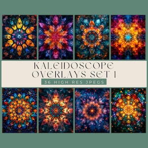 Può includere: Una collezione di otto vivaci design di sovrapposizioni caleidoscopiche. Ogni design presenta un motivo simmetrico, simile a un fiore, con una miscela di colori tra cui blu, arancione, giallo e viola. Il testo "KALEIDOSCOPE OVERLAYS SET 1" è visualizzato.