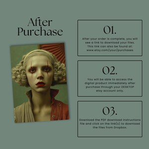 May include: Digital download instructions graphic featuring a portrait with red makeup and the text "After Purchase." Instructions detail accessing files via Etsy and Dropbox.