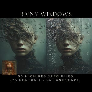 May include: Digital art print titled "Rainy Windows" featuring a portrait of a person with a blurred effect, suggesting rain. The image includes the text "Rainy Windows" and details about the file format and quantity.