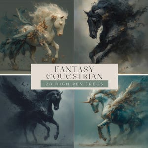 Puede incluir: Cuatro imágenes de arte digital de caballos de fantasía. Las imágenes muestran caballos en blanco, negro y azul, con elementos etéreos y fluidos. El texto "FANTASY EQUESTRIAN" y "28 HIGH RES JPEGS" se muestra.