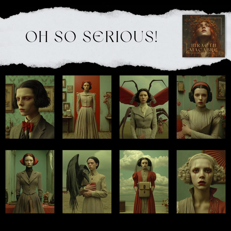 May include: A collection of eight images with a vintage style. Each image shows a person in different outfits and locations, all with a serious expression. The words "OH SO SERIOUS!" are at the top, and a smaller image with text is in the top right corner.