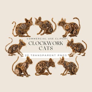 May include: A collection of steampunk-style cat illustrations. Each cat is constructed from gears and mechanical components, with a bronze and metallic color scheme. The image includes the text "CLOCKWORK CATS" and "20 TRANSPARENT PNGS".