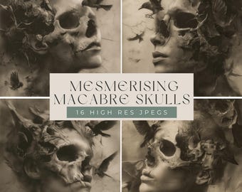 Macabre Skull Digital Paper Set • 16 Gothic Portrait Backgrounds • Dark Academia & Horror Aesthetic Scrapbook Download