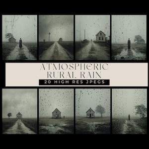 May include: A collection of eight black and white photographs depicting rural scenes in the rain. Each image shows a dirt road leading to a house or a figure in the distance. The text "ATMOSPHERIC RURAL RAIN" and "20 HIGH RES JPEGS" is displayed.
