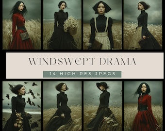 Windswept Drama – Gothic Victorian Women in Stormy Fields | 14 Digital Portraits | Dark Romantic Art for Scrapbooking & Digital Design