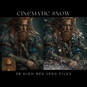 Op de afbeelding: Digitale kunstafbeelding met een man met rood haar en baard, gekleed in een blauwe en met bont afgewerkte outfit. De tekst "CINEMATIC SNOW" staat bovenaan, en "38 HIGH RES JPEG FILES" onderaan. Een kleine afbeelding van een vrouw staat in de linker benedenhoek.