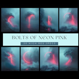 May include: A collection of eight digital art prints featuring neon pink light formations against a moody, teal-colored background. The text "BOLTS OF NEON PINK" and "20 HIGH RES JPEGS" are displayed on a light blue banner.