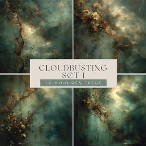 Puede incluir: Un conjunto de cuatro impresiones de arte digital con una estética melancólica y etérea. La obra de arte presenta una mezcla de tonos turquesa, marrón y crema, con formaciones nubosas y acentos florales. Se muestra el texto "CLOUDBUSTING SET 1" y "20 HIGH RES JPEGS".