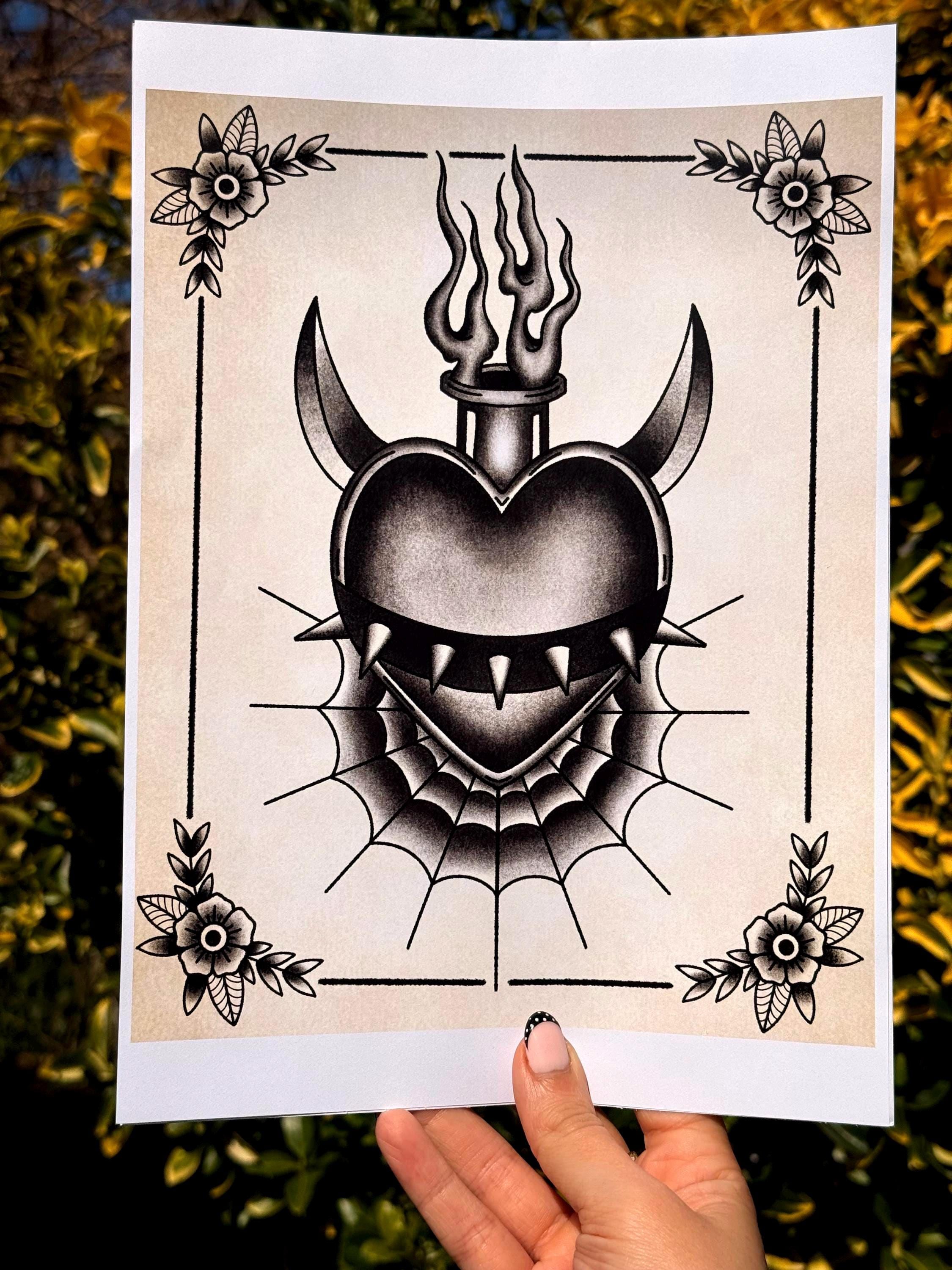Sacred Heart Tattoo Flash Print | Traditional Gothic Wall Art (A4 ...