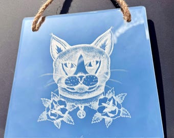 Hand Engraved Mirror |Traditional Tattoo Cat with Roses | Home Decor | Alternative Decor| Gifts