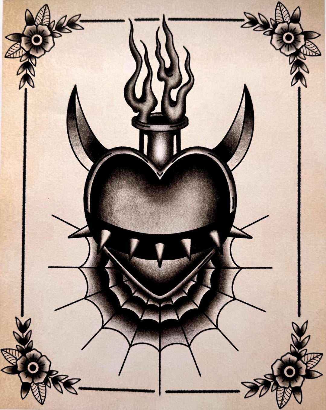 Sacred Heart Tattoo Flash Print | Traditional Gothic Wall Art (A4 ...
