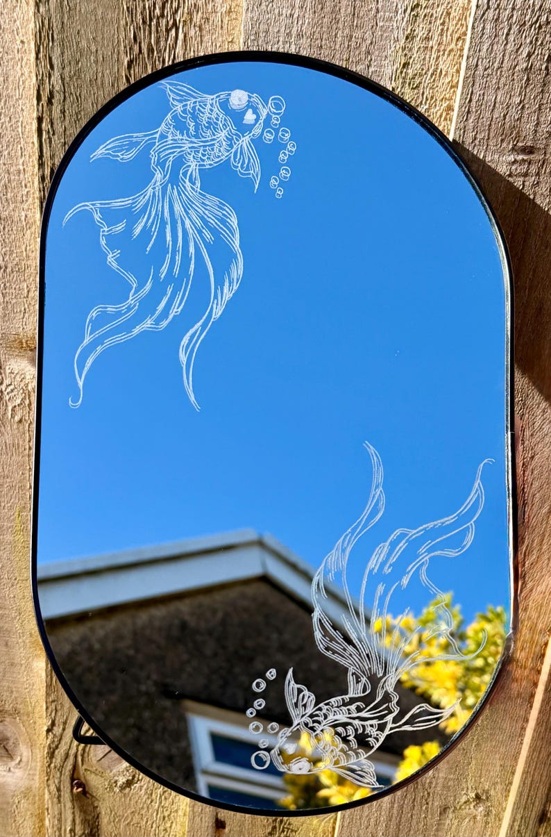 Mirror Pattern Fish Hand Engraved Goldfish Oval Mirror, Tattoo Art Mirror, Fish Ocean Home ...