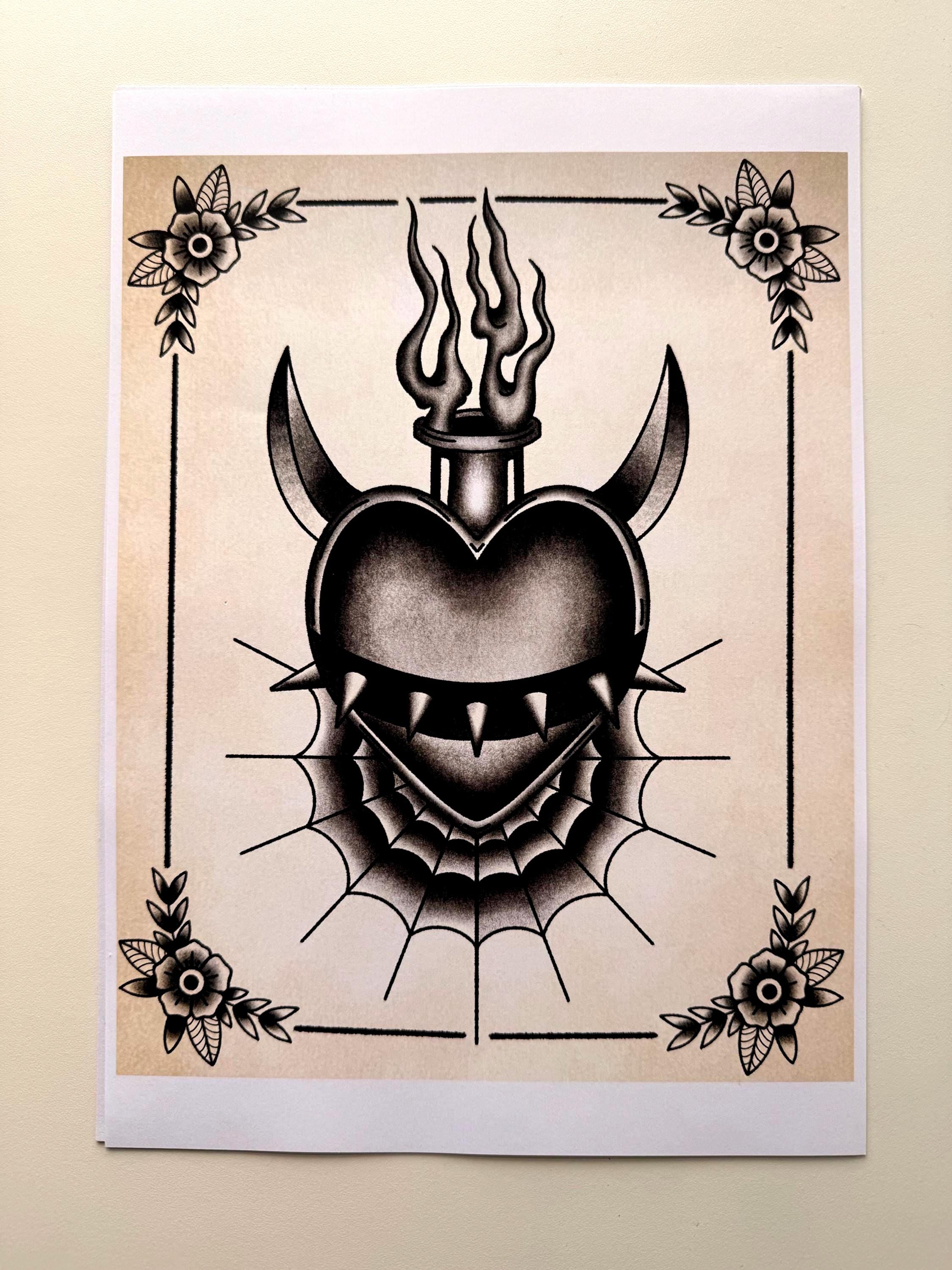 Sacred Heart Tattoo Flash Print | Traditional Gothic Wall Art (A4 ...