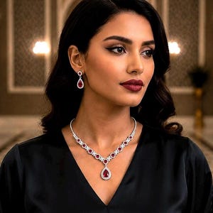 Puede incluir: Un conjunto de collar y pendientes colgantes en tono plateado con gemas rojas en forma de pera rodeadas de pequeñas piedras transparentes. El collar tiene un colgante central en forma de lágrima y los pendientes son de diseño similar.