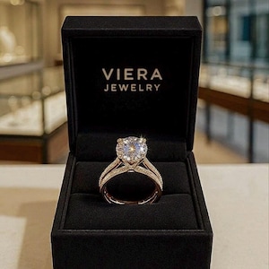 Puede incluir: Un anillo de compromiso de oro rosa con una piedra central grande, redonda y transparente y un halo de piedras más pequeñas. El anillo se presenta en una caja de terciopelo negro con el texto "VIERA JEWELRY".