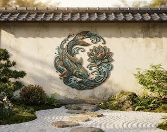 May include: A circular wall sculpture featuring a relief of a koi fish swimming alongside a lotus flower, rendered in a weathered bronze and teal patina finish. The artwork is mounted on a light-coloured wall, showcasing intricate scales and petals.