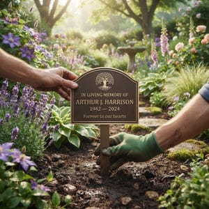 May include: A bronze-colored memorial plaque with an arched top, featuring an engraved tree icon, the text "IN LOVING MEMORY OF ARTHUR J. HARRISON 1942 - 2024 Forever in our hearts," and a vertical stake for insertion into the ground.