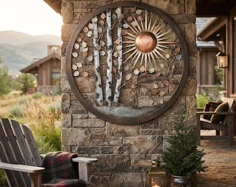 May include: A circular metal wall art piece featuring three vertical birch tree trunks on the left side and a large, radiant sun with a copper-toned center on the right. The design includes numerous small, metallic leaves in shades of bronze and silver.